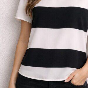 Worthington | Ivory Black Stripe Short-sleeved Blouse Top Medium